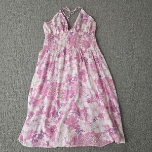 Y2K She's Cool Womens Babydoll Halter Mini Dress Pink Floral Boho Size L Smocked